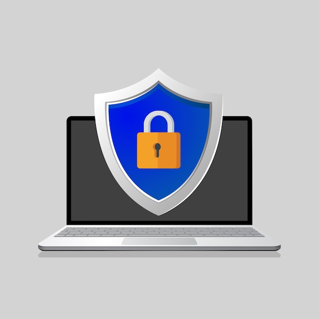 Data protection on laptop concept Shield with lock on computer Internet security