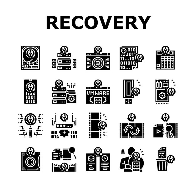Data Recovery Computer Processing Icons Set Vector