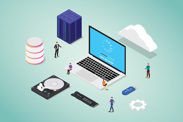 Data recovery from bad sector server database with some hardware and tools with team people and modern flat style isometric