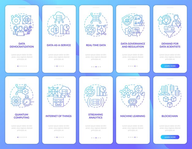Data science technology trends blue gradient onboarding mobile app screens set