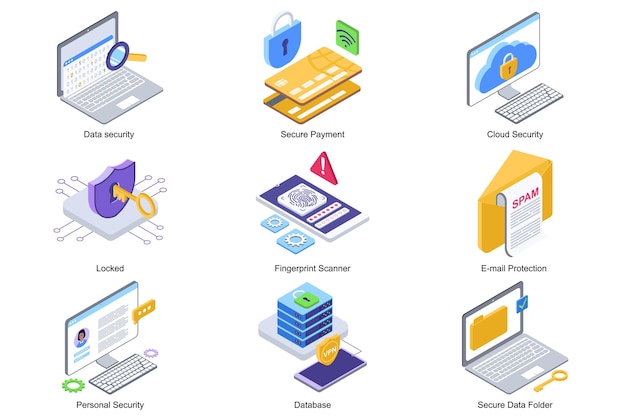 data security concept 3d isometric icons set pack elements of secure payment locked fingerprint scanner email protection database and secure folder vector illustration in modern isometry design