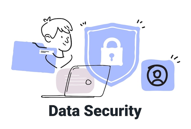 Data security concept laptop shield lock person file minimalist doodle style