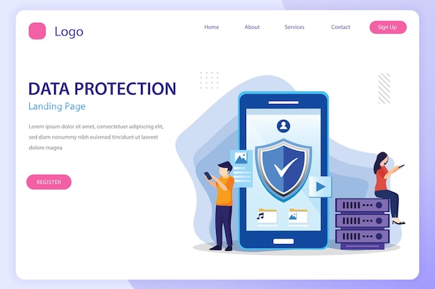 data security concept people work on screen protecting data and files flat vector template