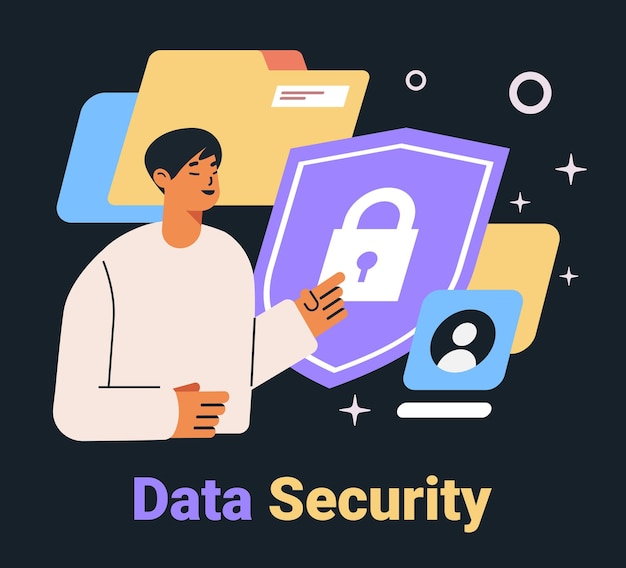 Data security illustration person pointing lock icon folders background dark mode interface digital