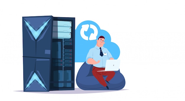 data storage synchronization cloud center with hosting servers and staff. computer technology network and database internet center communication support  
