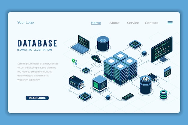 database isometric landing page internet of things cloud computing online database technology isometric technology