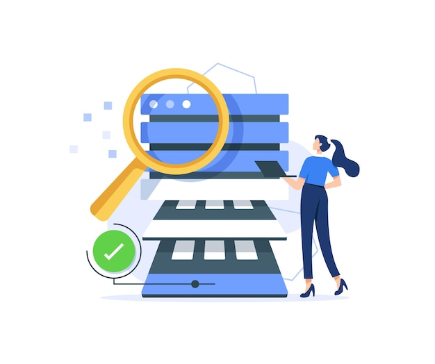 Database searching concept with stack of files and golden magnifying glass