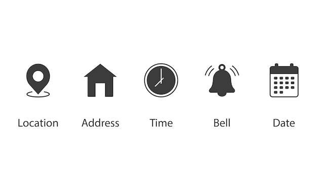 date time address location bell icon vector icon set on isolated background notice sign concept