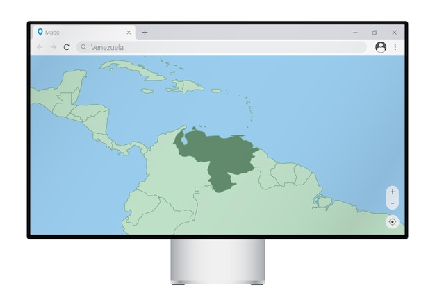 Datorskärm med karta över Venezuela i webbläsaren, sök efter landet Venezuela i webbkartprogrammet.
