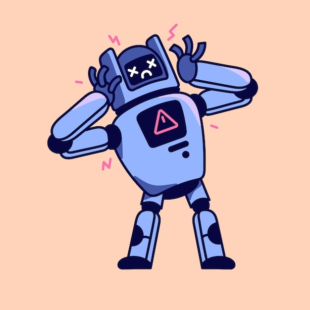 dead cyborg with program bug broken robot with warning alarm symbol maintenance support service bot critical mistake online connection error server problems flat isolated vector illustration