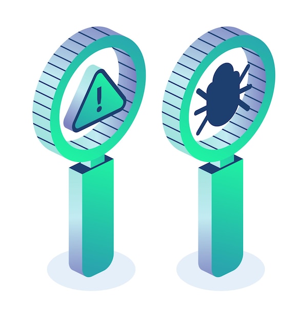 Debugging Magnifying glass with bug and exclamation mark isolated on white background Isometric objects Debug code Software testing concept