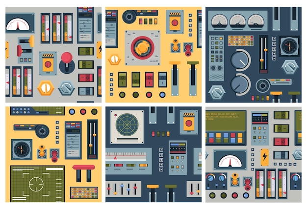 decorative pattern design set with device panel industry equipment element at background decoration collection vector illustration seamless banner with electrical technology innovation dashboard