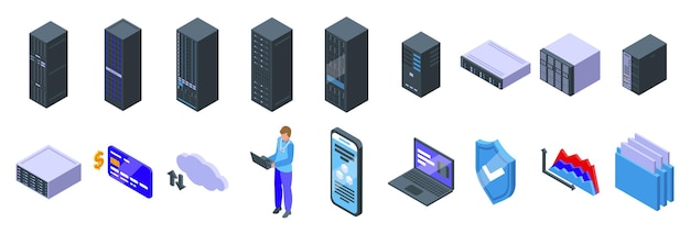 Dedicated server icons set System administrator managing data storage server and cloud computing with security and financial analytics