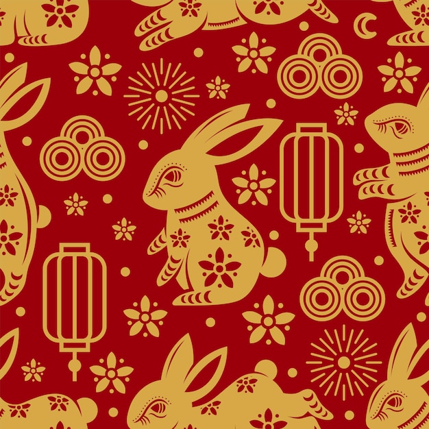 Deep Red Chinese New Year Seamless Pattern Background With Rabbit Element