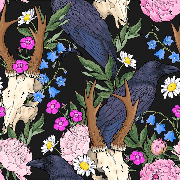 Deer skull and pink peony seamless pattern