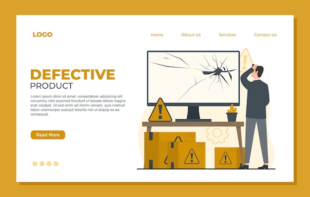 defective product landing page template with bad quality broken computer monitor gamepad and phone