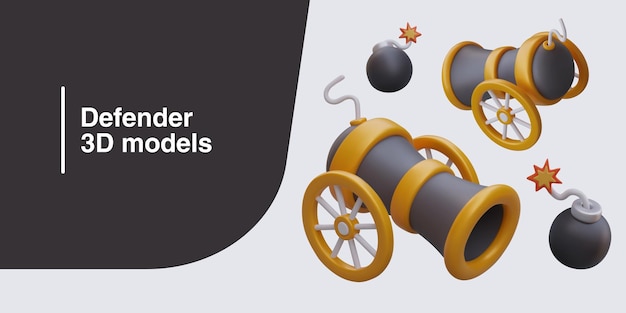 Defender concept 3D models of cannon guns front and back view cannonballs with burning cord