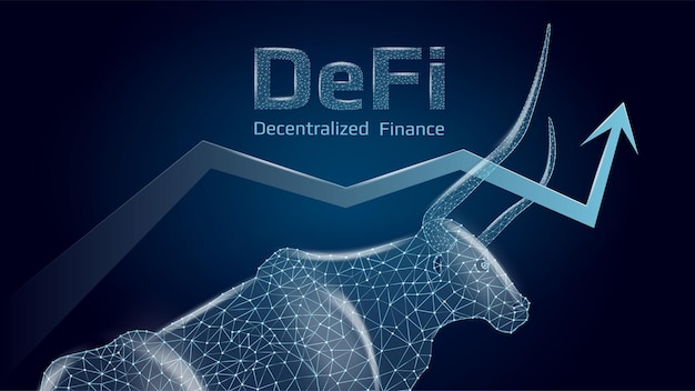 Defi decentralized finance bullish trend with a polygonal bull and an upward arrow on dark blue background Modern neon vector illustration
