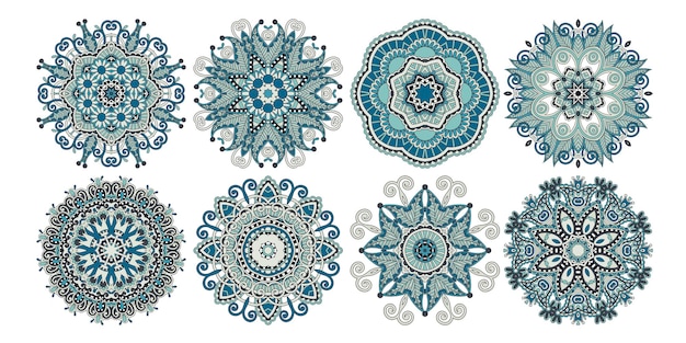 Dekoratif daire desenleri etnik çiçek paisley tasarım vektör çizimi koleksiyonu seti