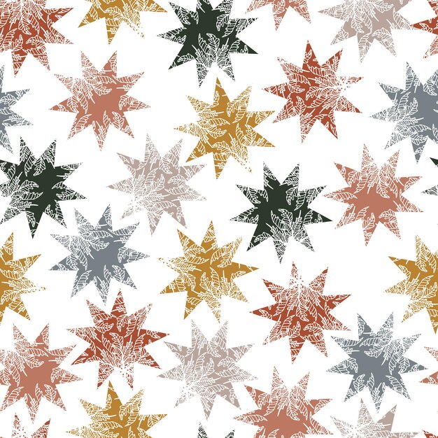 Delicate openwork stars with carved botanical motifs vector seamless pattern