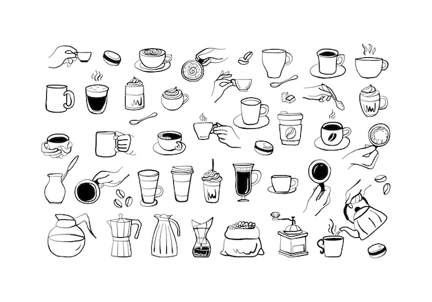 Delightful Coffee Art Collection HandDrawn Illustrations of Coffee Cups Brewing Equipment and Sweet Treats Perfect for Coffee Lovers and Cafe Aficionados