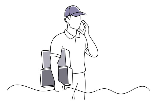 Delivery man answering the phone while hand carrying packages doodle continuous line art vector