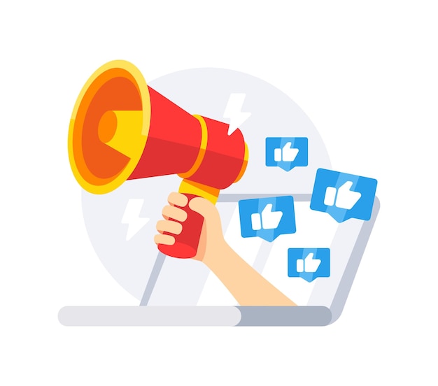 Depicting a hand holding a megaphone emerging from a laptop screen surrounded by likes symbolizing