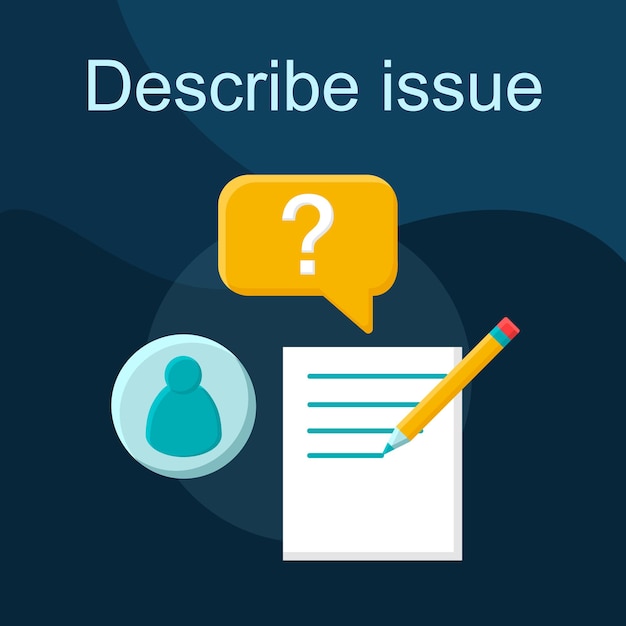 describe issue flat concept vector icon. ask question, faq idea cartoon color illustrations set. frequently asked questions. customer support. contact us. helpdesk. isolated graphic design element
