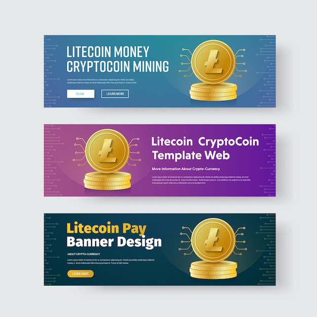 Design af vandrette bannere med guldmønt kryptovaluta litecoin.