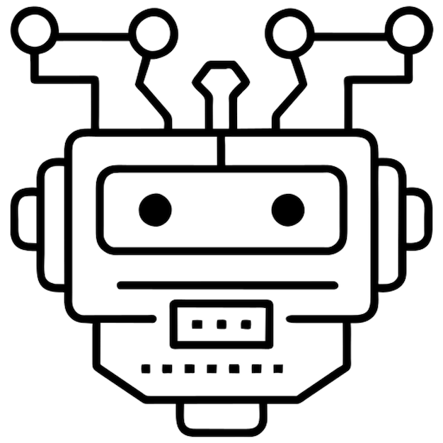 design an icon of a robot face with lines of code flowing around it signifying ai programming icon