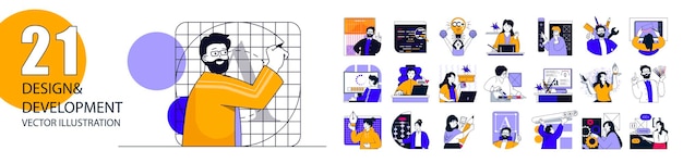 Design and development concept with character situations collection Bundle of scenes people of making programs and software coding seo and digital marketing Vector illustrations in flat web design