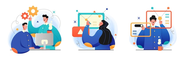 Design and Development illustrations. Collection of concept illustrations with Programmers and designers working in a company office. Perfect for web design, banner, mobile app, landing page. Vector