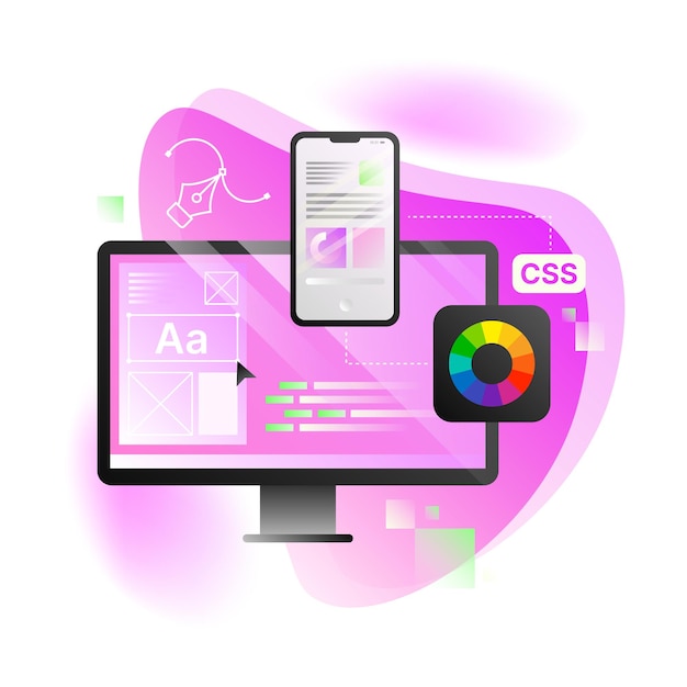 Design Applikationsillustration Pink Computer Desktop med online redigeringsværktøjer
