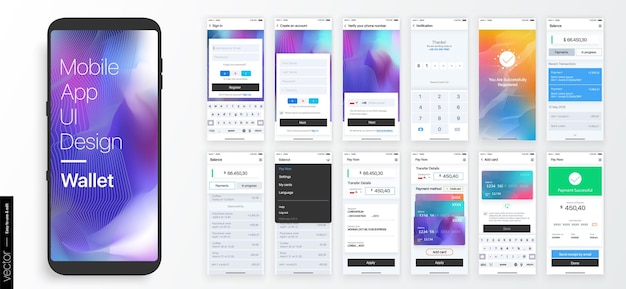 Design av mobilapplikationen, UI, UX. En uppsättning GUI-skärmar med inloggnings- och lösenordsinmatning.