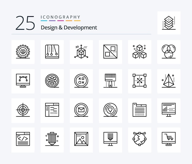 Design Development 25 Line icon pack including coding design video game cross direction