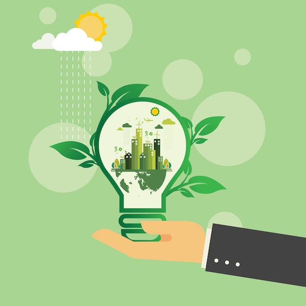 Design for green energy banner environmentally friendly light bulb shape with city and park