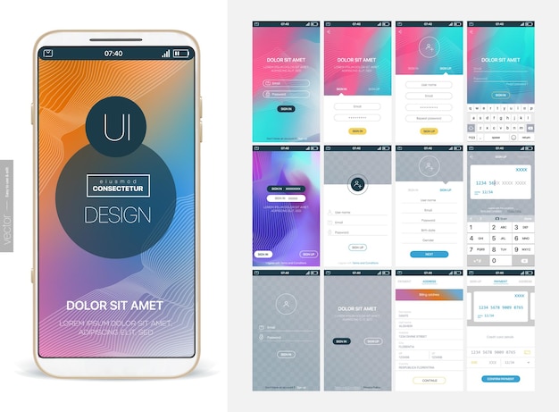 Design Mobile Application UI, UX. GUI Screens with Login and Password input, Sign In and Sign Up.