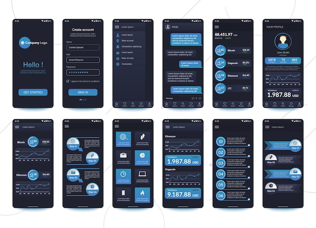 Design of mobile app Cryptocurrency wallet Chat room UI UX GUI. Set.
