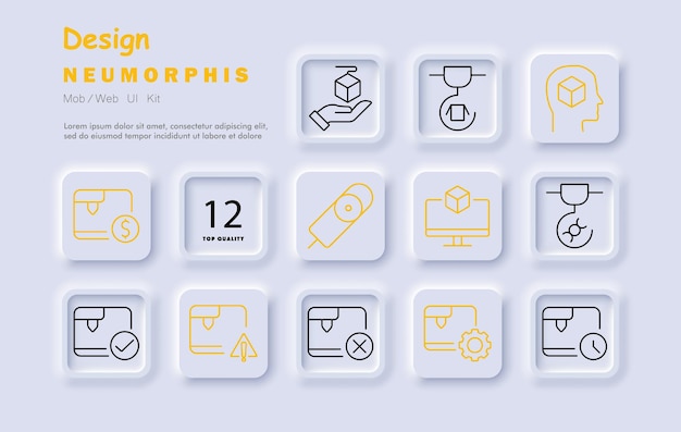 Design set icon 3D modeling product design package printing settings analysis error alert approved design product development cube modeling
