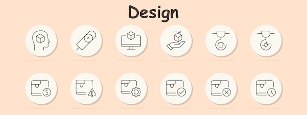 Design set icon 3D printing cube computer hand holding a cube printer warning settings checkmark cross clock object creation technology printing error control maintenance