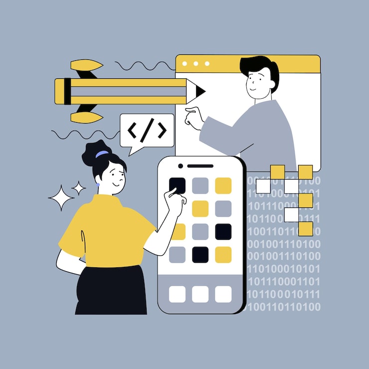 Vektor design software development concept for modern web design people creating mobile program code engineering and building application programming and computing processing script vector illustration