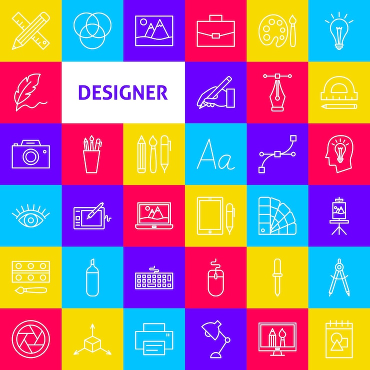 Vektör designer line icons. vector thin outline art symbols.