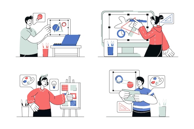 designer studio concept set in flat line design men and women working as graphic painters