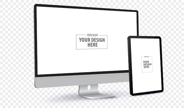 desktop computer and tablet pc screen perspective view vector mockup