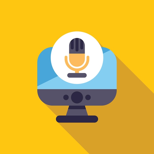 Desktop computer displaying microphone icon for podcasting and streaming