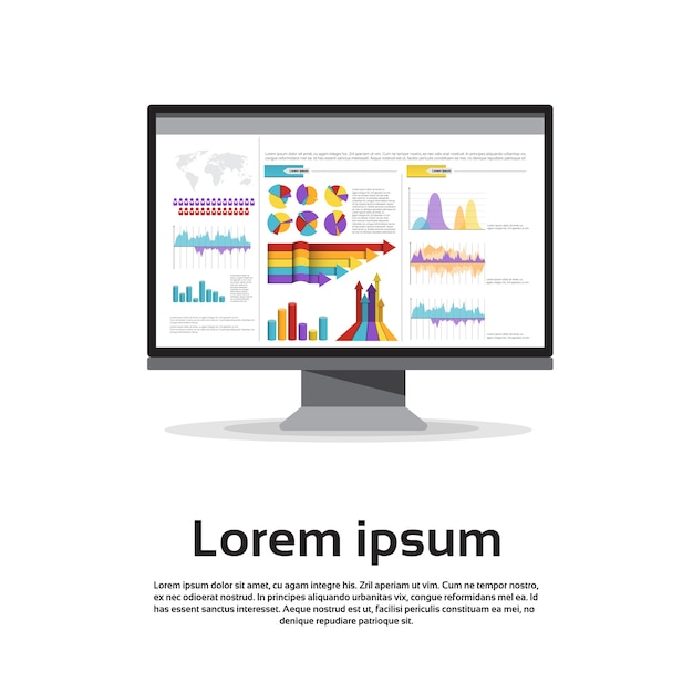 desktop monitor workstation graph set finance diagram infographic financial chart vector illustratio