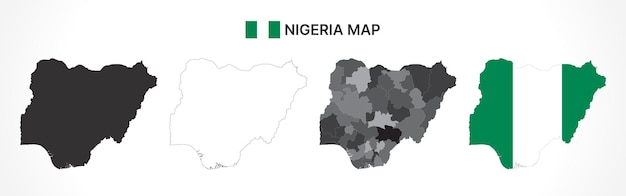 Detailed Nigeria Map Collection with Outline Silhouette States and Flag Overlay Variations