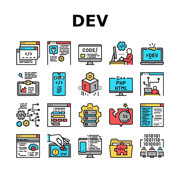 Dev Code Occupation Collection Icons Set Vector