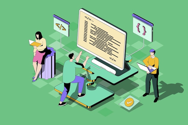 Developer team web concept in 3d isometric design Programmers team working on project engineering prototypes coding and testing code and scripts Vector web illustration with people isometry scene