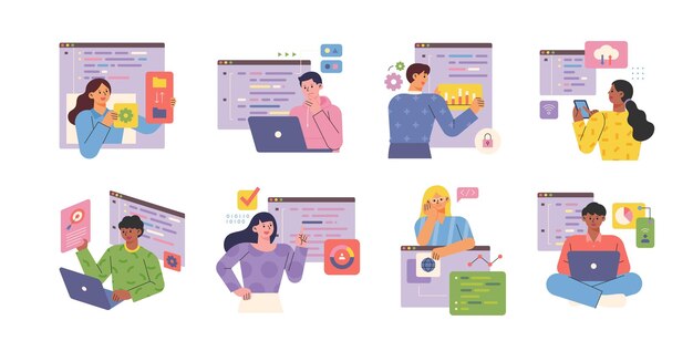 Developers are coding programs on computers. Programmers are analyzing data.